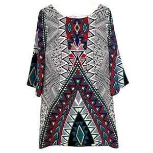 2/$30 Pink Owl - Multicolor Geometric Patterned 3/4 Length Sleeve Dress